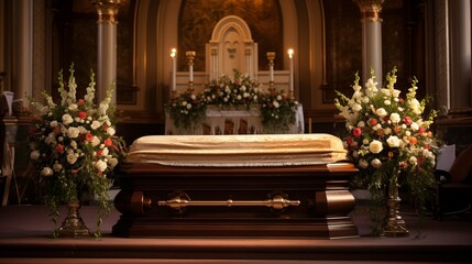 The coffin is decorated with flowers. Funeral. Funeral services. Funeral decoration and organization services. Burial