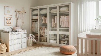A Scandinavian-style nursery with a white wooden wardrobe featuring glass sliding doors, complementing the light, airy room with minimalistic furniture and soft textiles.