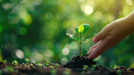 World soil day concept. Hand with green young plant growing in soil on nature background. planting trees back to the forest, Creating awareness for love wild, Wild plant concept.