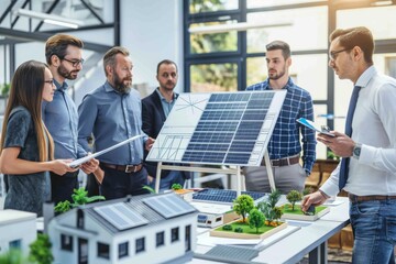 A team of professionals is collaborating in a modern office, discussing renewable energy solutions with solar panels. The focus is on sustainability and innovation in the workplace