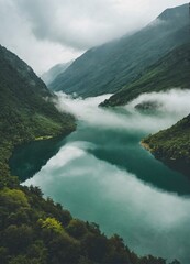 Obraz premium Stunning mountain lake with misty clouds