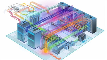 A detailed schematic diagram illustrating the principles of fiber optic technology, showcasing the transmission of data through optical fibers