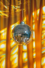 Obraz premium disco ball casting reflections, hanging against a yellow curtain, festive and nostalgic mood, silver and yellow tones