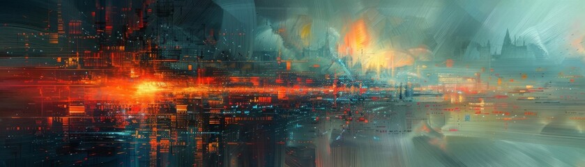 A detailed oil painting of an abstract data landscape, blending elements of a digital matrix with a touch of surrealism