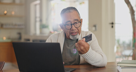Credit card, ecommerce or old man banking on laptop, internet or web for mortgage, bills or payment...