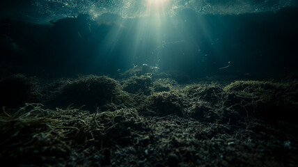 Obraz premium Sun rays penetrating the rocky ocean floor carved by the wave. Underwater photography. Landscape. Cinematic mood.