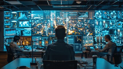 The room is filled with computer monitors and the man is focused on his work