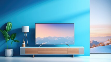 Fototapeta premium Interior home of living room with wooden cabinet for TV LED on blue wall background