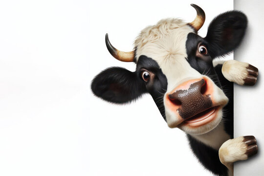 Funny real cow peeks out from around the corner Isolated on white background