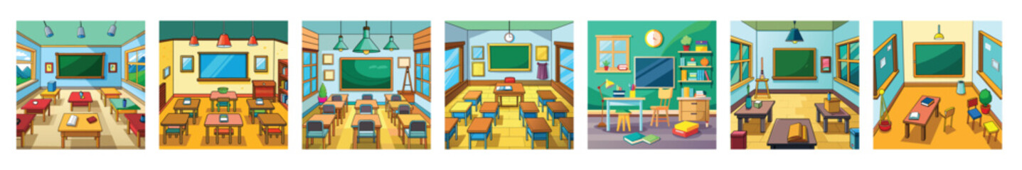 Empty school classroom, education class with wooden tables and chairs, Anime background concept of a school classroom view, kid's  kindergarten room or nursery school
