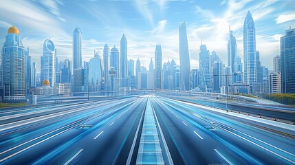 Fototapeta premium Futuristic cityscape with blue and white buildings, featuring advanced road designs such as smart glass roads. an empty highway in the city center surrounded by tall skyscrapers. Generative AI.