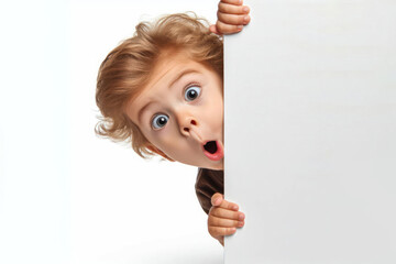 Funny surprised child peeks out from around the corner Isolated on white background