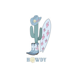 Cacti in cowboy hat and shoes with surf board vector illustration. Coastal western pre-made card 
