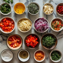 A variety of colorful ingredients in separate mixing bowls, ready to be combined. Job ID: 5c266079-190b-4b31-9227-6eb77c761fe9