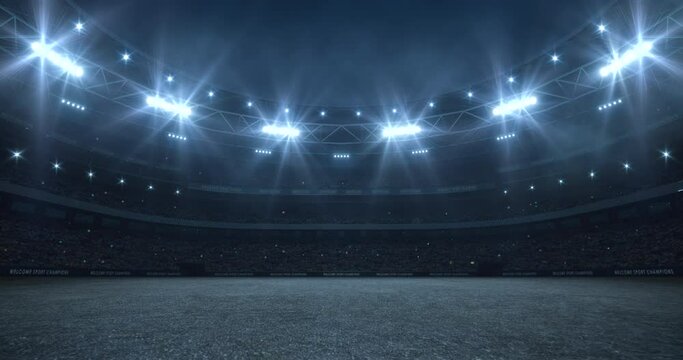 Sports and racing stadium background at night with glowing spotlights and cheering fans. Camera flying over asphalt road. Looped animation of sports background as vertical 4K video.	