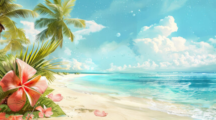 summer theme image for business and travel poster, beach with tropical palm trees, sun, fruit and sky