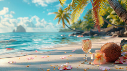 summer theme image for business and travel poster, beach with tropical palm trees, sun, fruit and sky