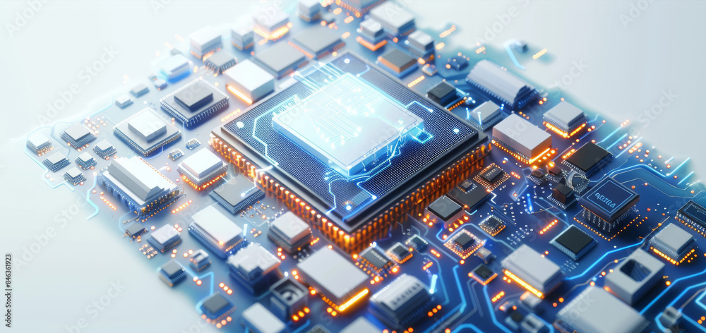 Aufkleber Isometric view of microchips and chip technology on a white background, with a blue color scheme, in the style of tech illustration, as a digital rendering, with soft shadows. Generative AI.