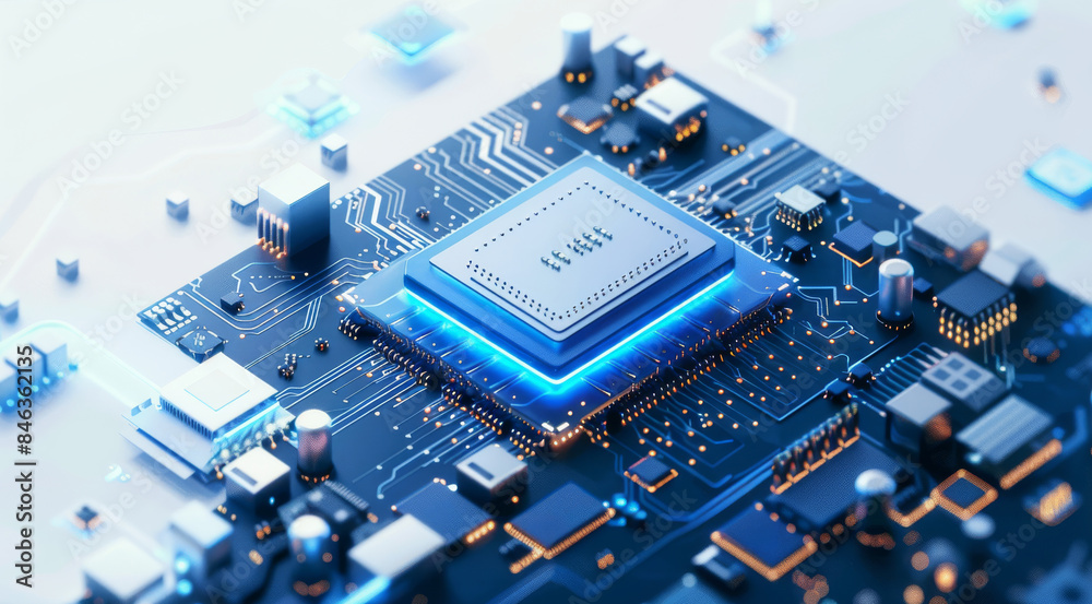 Fototapete Isometric view of microchips and chip technology on a white background, with a blue color scheme, in the style of tech illustration, as a digital rendering, with soft shadows. Generative AI.