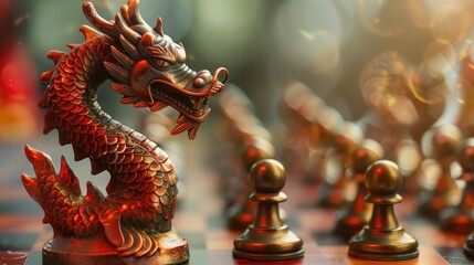 Fototapeta premium The concept of China's business tech is illustrated by a dragon chess piece with an economy element on it