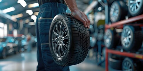 Obraz premium Car mechanic working in garage and changing wheel alloy tire. Repair or maintenance auto service