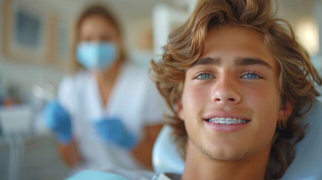 young man with braces sitting in dental chair, doctor hands in gloves holding examination tools behind, Braces, alignment of teeth