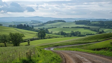 The winding road winds through a lush green landscape eventually disappearing into a hazy vanishing point on the horizon. . AI generation.