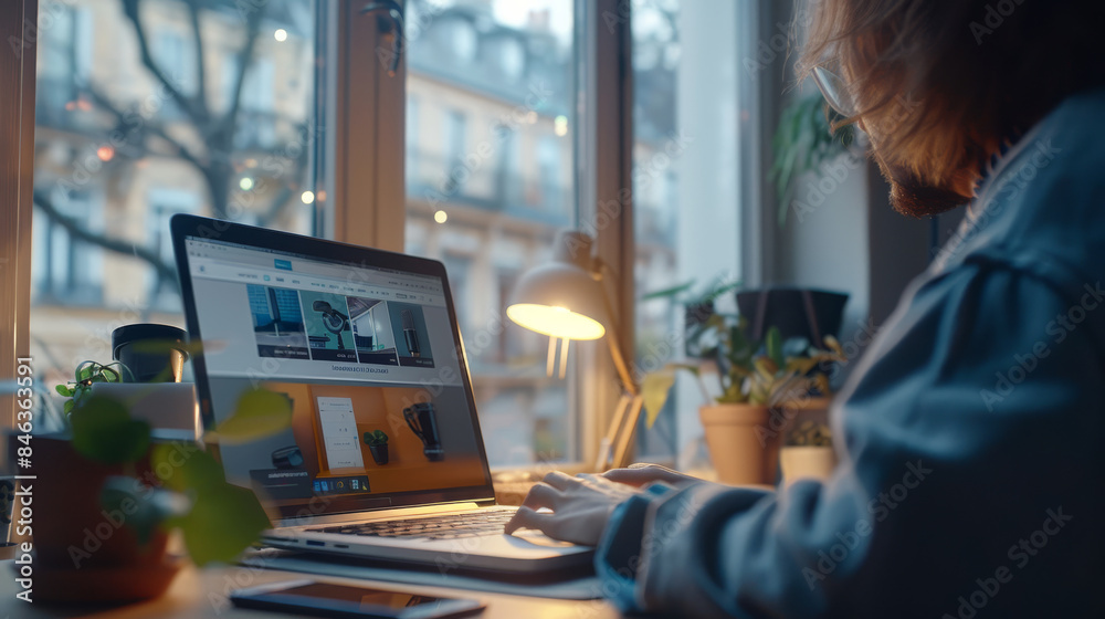 Aufkleber a person using a laptop on a modern work desk. the laptop screen clearly shows an e-commerce site fo