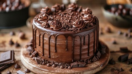 A chocolate cake with chocolate drizzle and chocolate sprinkles on top
