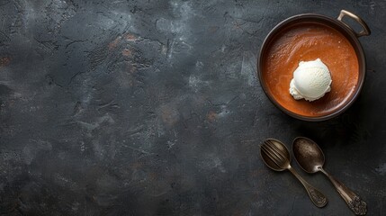  A bowl of soup topped with a scoop of ice cream Two spoons nearby