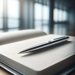 Sleek silver pen on notebook in a minimalist office setting. Journal, Planning, Writing.