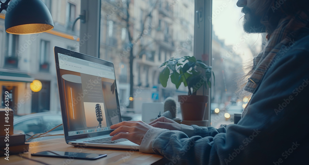 Poster A person using a laptop on a modern work desk. The laptop screen clearly shows an e-commerce site for microphones. The environment is bright and welcoming. Generative AI.