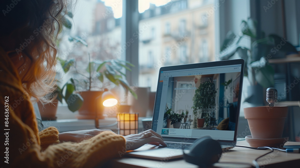 Aufkleber a person using a laptop on a modern work desk. the laptop screen clearly shows an e-commerce site fo