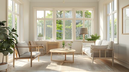 Fototapeta premium A sunroom with a minimalist Scandinavian style, featuring light wood furniture, neutral tones, and large windows allowing natural light to flood the space