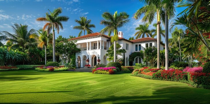 A beautiful and luxury house with spacious front yard and garden in tropical palm trees showcasing modern architectural design, stone Path palm trees, blue sky and Nature.