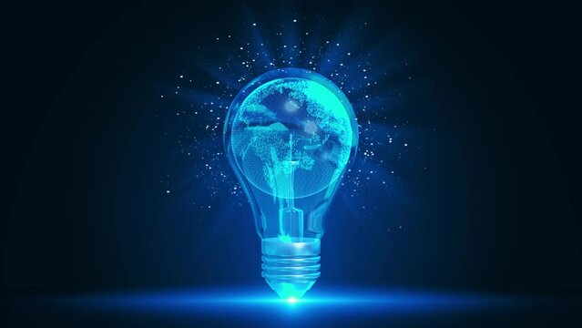 4K 3D planet earth inside light bulb innovation technology background. Big data analytics, business intelligence, global digital link technology Global connections, cloud computing data processing