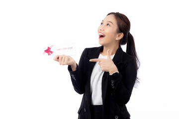 Portrait happiness beautiful young asian businesswoman showing and present gift voucher or coupon...