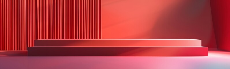 Obraz premium Pedestal of platform display with modern stand podium on red room background. Blank Exhibition stage backdrop or empty product shelf. 3D rendering