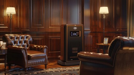 An advanced electric infrared heater with a digital display, set in a sophisticated living room with dark wood paneling and leather furniture, creating a warm and inviting atmosphere.