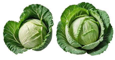 Fototapeta premium Two whole green cabbages with large leaves, png isolated background