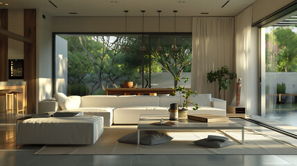 A modern living room with a bright and airy feel, featuring contemporary furniture and ample natural light, captured in high definition