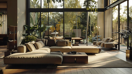 A modern living room with large windows and abundant natural light, captured in HD