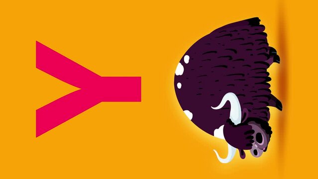 Y letter big vertical color like yak cartoon animation. Animal loop. Educational serie with bold style character for children. Good for education movies, presentation, learning alphabet, etc...