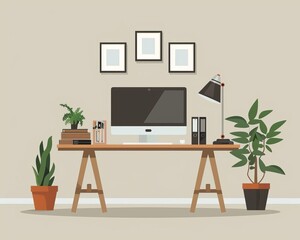 A desk with a computer, lamp, and plants.