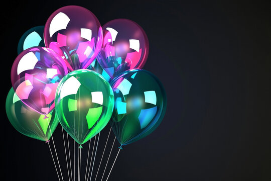 A bunch of balloons in vibrant neon colors (pink, green, blue) glowing softly against a solid black background.
