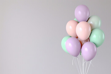 A bunch of pastel-colored balloons (pink, mint, lavender) with matte finishes, gently swaying against a light grey background.