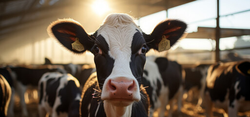 cows on the farm. rural area, herd of cattle in a cowshed. livestock.