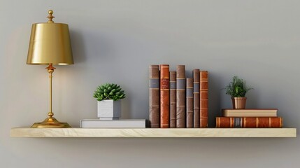 An elegant home office setup with a gold-tone lamp, leather-bound books, and a potted succulent on a floating shelf, contrasted against a muted empty wall to create a perfect mockup background.