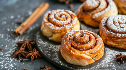 Fototapeta premium Homemade fresh baked cinnamon rolls with cinnamon sticks and sugar 