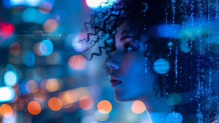 Fototapeta premium Thoughtful American Woman with Curly Hair, Double Exposure with Code and Data Visualizations in Vibrant Blue Hues, Illuminated by City Lights.